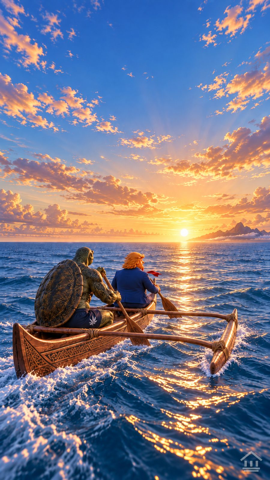 Polynesian canoe paddling toward a golden sunset, art by pvtSamoa
